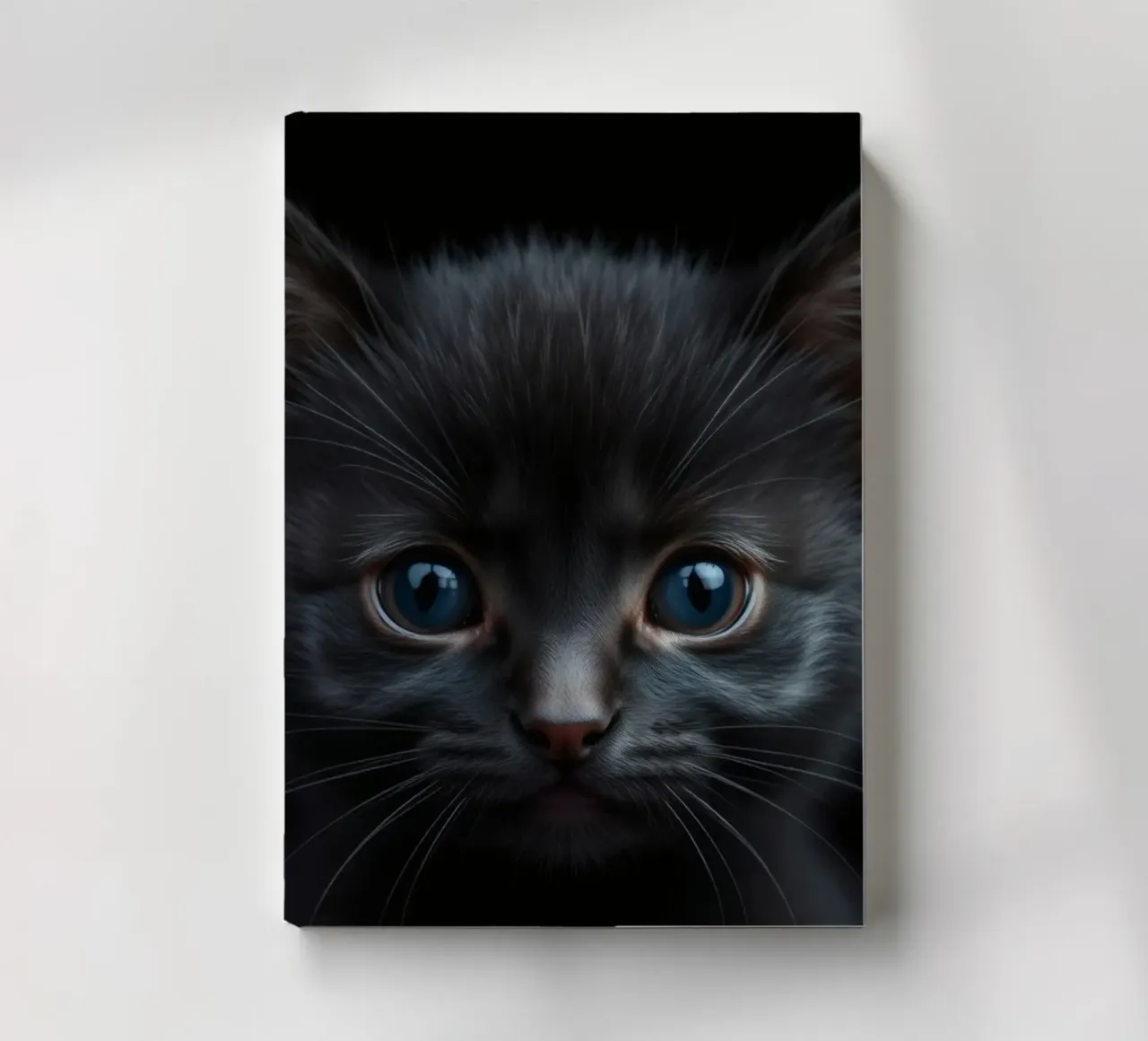 Un mystérieux chaton noir aux yeux bleus saisissants regarde l'intention carnet de notes de DesignDoodle