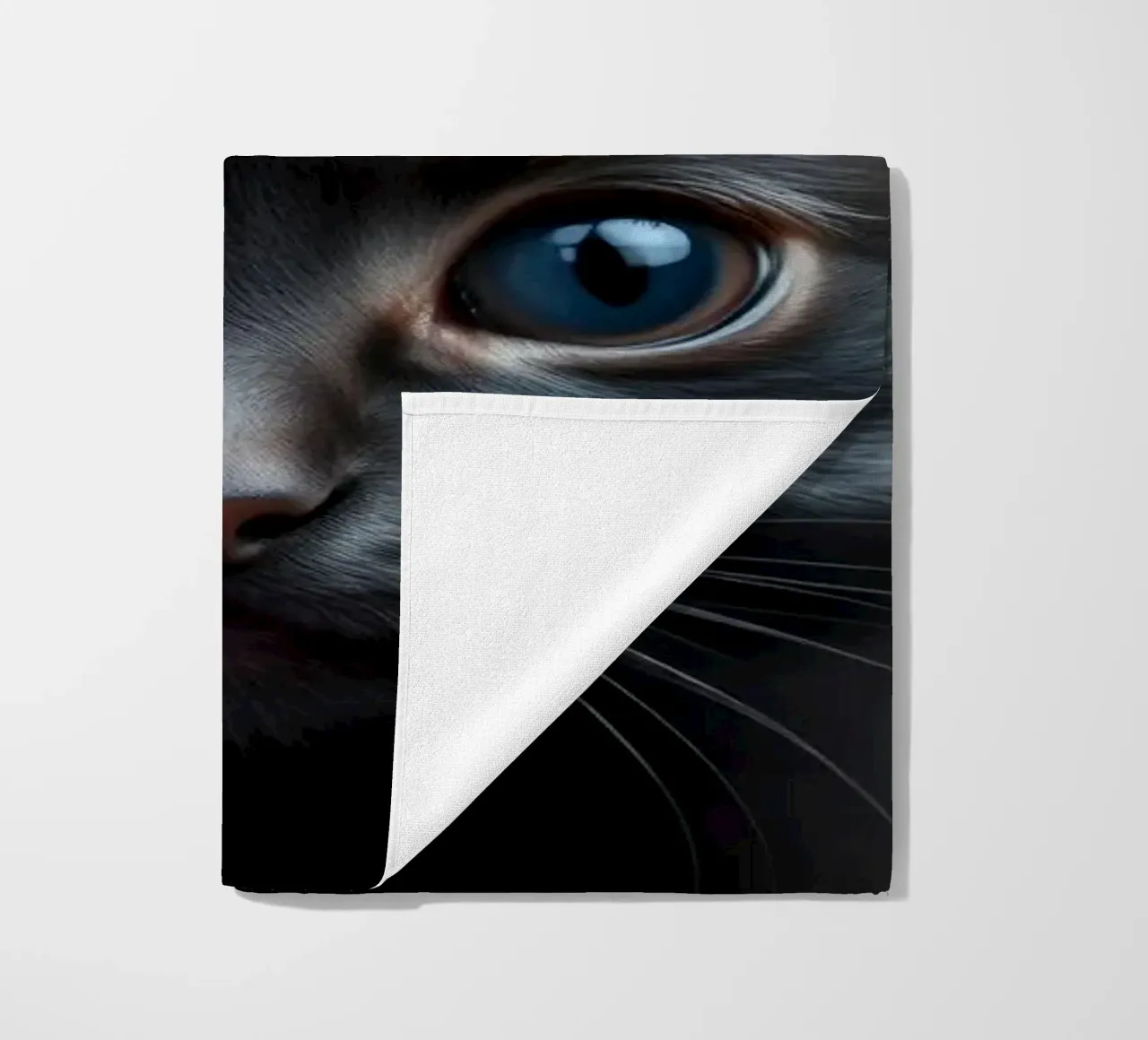 Un mystérieux chaton noir aux yeux bleus saisissants regarde l'intention serviette de plage de DesignDoodle