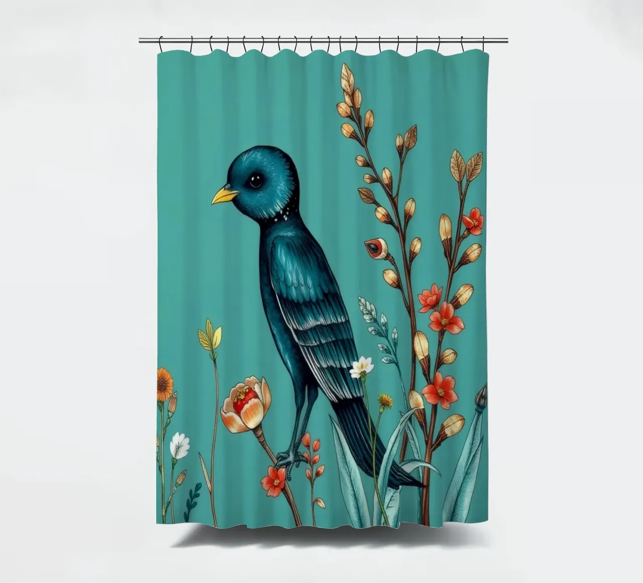 Uccello colorato in piedi tra fiori vivaci tenda da doccia da DesignDoodle