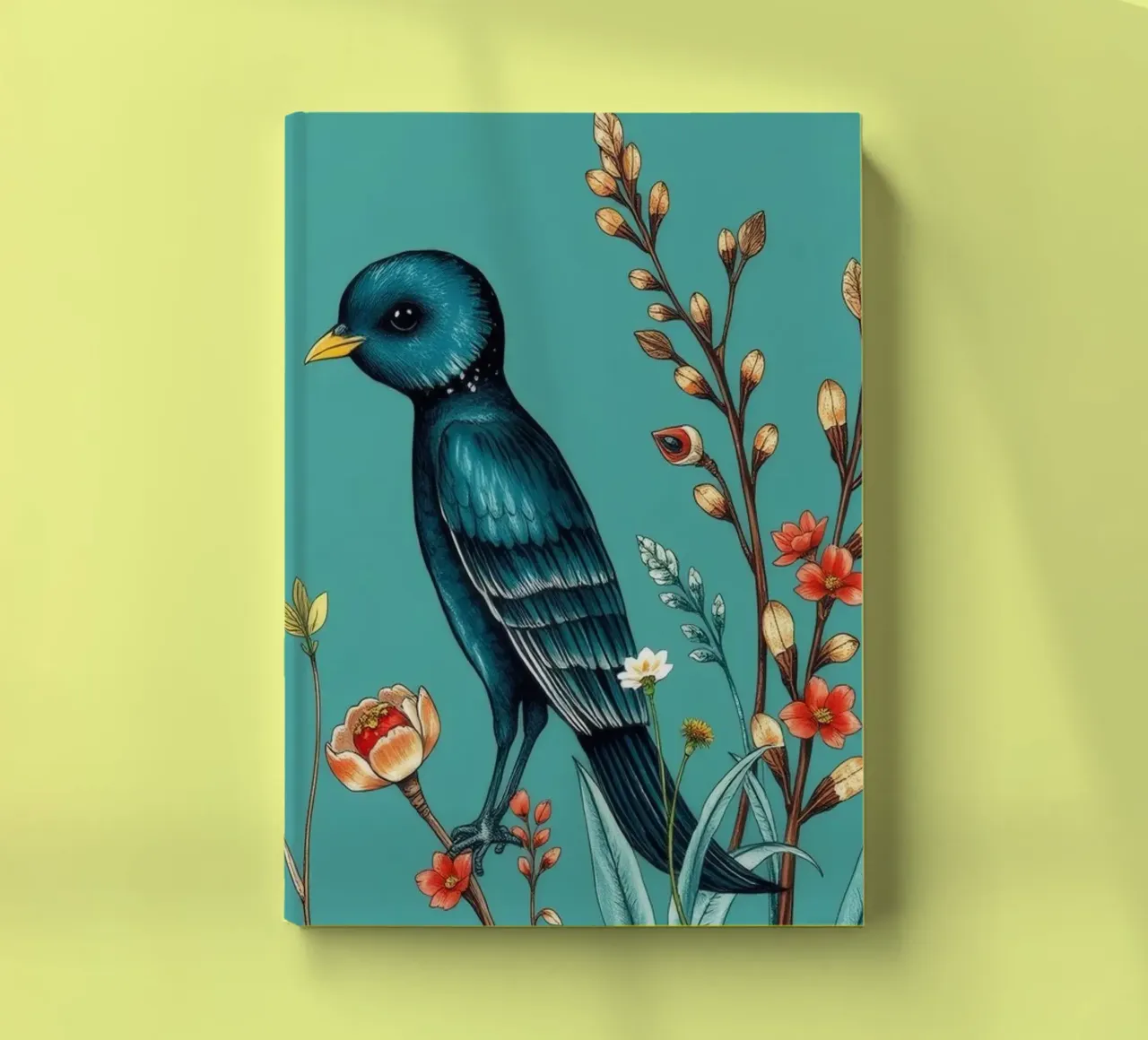 Uccello colorato in piedi tra fiori vivaci diario da DesignDoodle