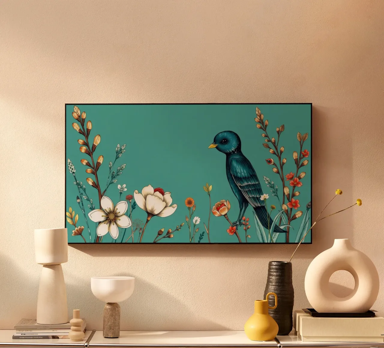 Uccello colorato in piedi tra fiori vivaci alluminio dibond da DesignDoodle
