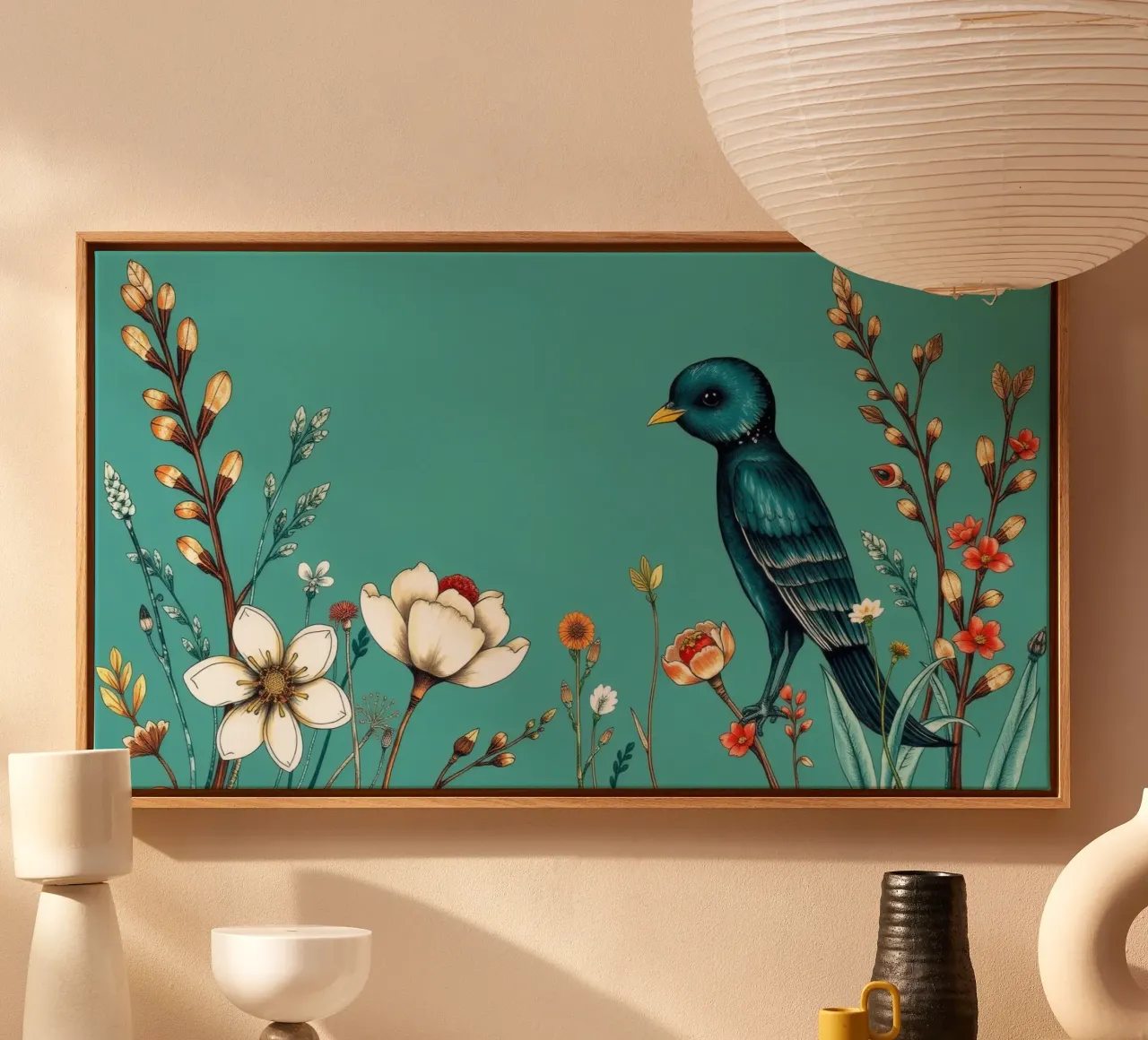 Uccello colorato in piedi tra fiori vivaci tela da DesignDoodle