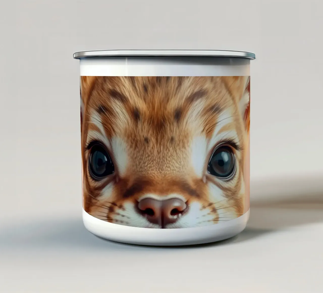 Animale giovane e carino con grandi occhi e grandi orecchie in posa tazza in smalto da DesignDoodle