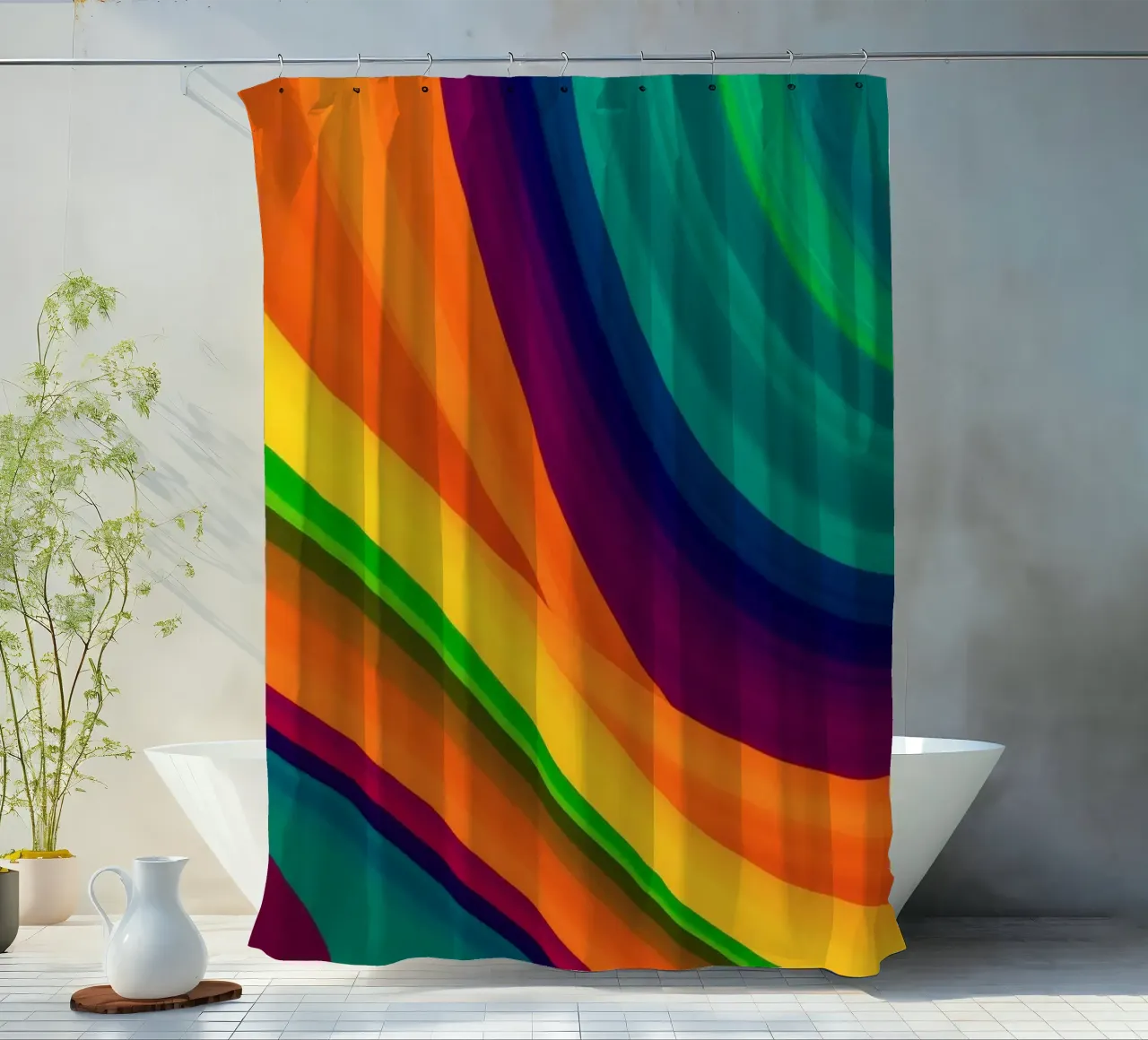 Colorful abstract patterns create a vibrant artwork shower curtain by DesignDoodle