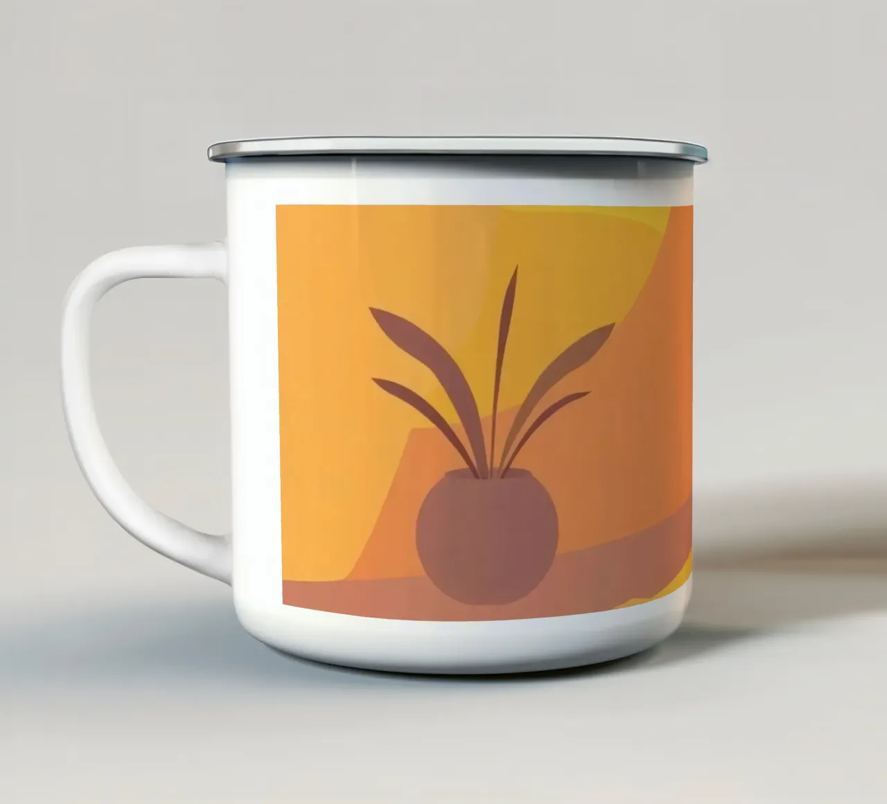 Interni accoglienti con la calda luce del sole che filtra attraverso le tende tazza in smalto da DesignDoodle