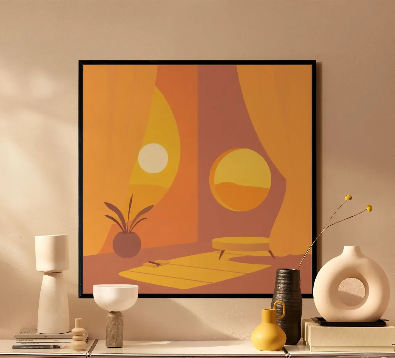Interni accoglienti con la calda luce del sole che filtra attraverso le tende poster con telaio in plastica da DesignDoodle