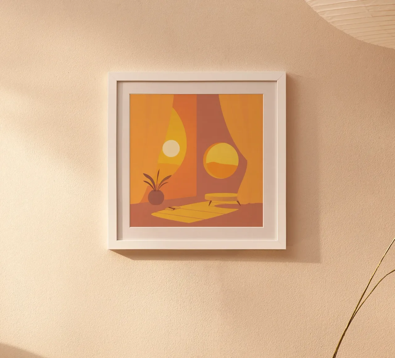 Interni accoglienti con la calda luce del sole che filtra attraverso le tende poster con telaio in plastica da DesignDoodle