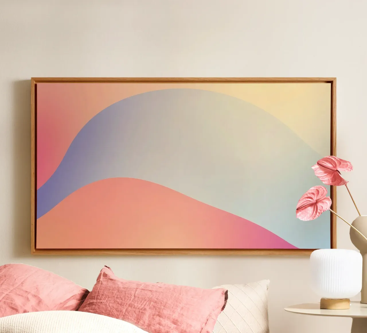 Waves of pastel colors blend smoothly calming atmosphare canvas with Floater frame by DesignDoodle