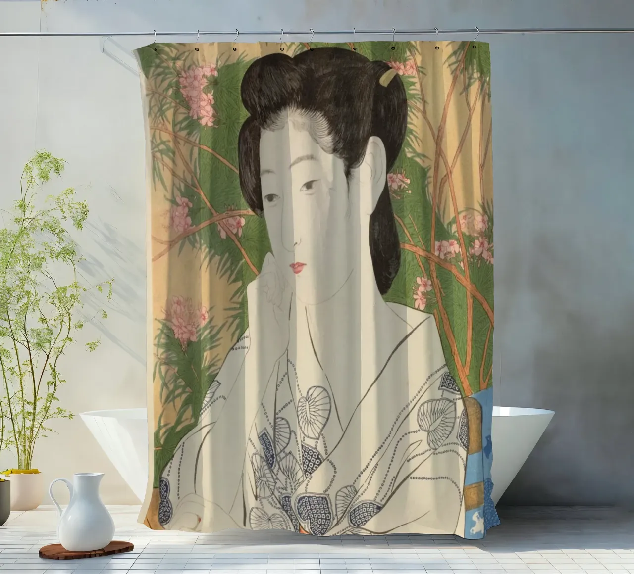 Ukiyo-e: Pittura giapponese, Donna in una locanda di acqua calda, Goyo tenda da doccia da Aesthetic Muse