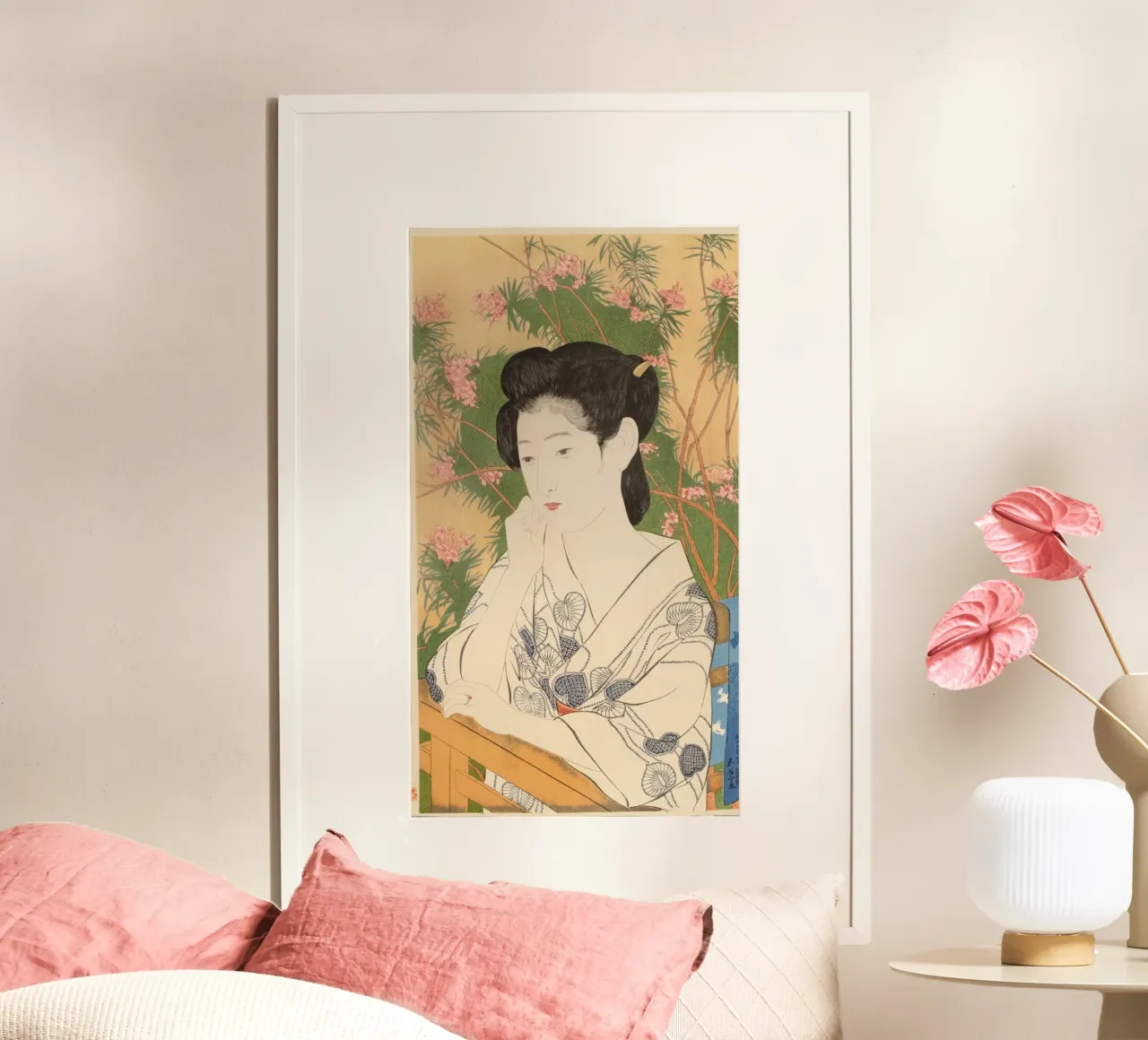 Ukiyo-e: Pittura giapponese, Donna in una locanda di acqua calda, Goyo poster con telaio in legno da Aesthetic Muse