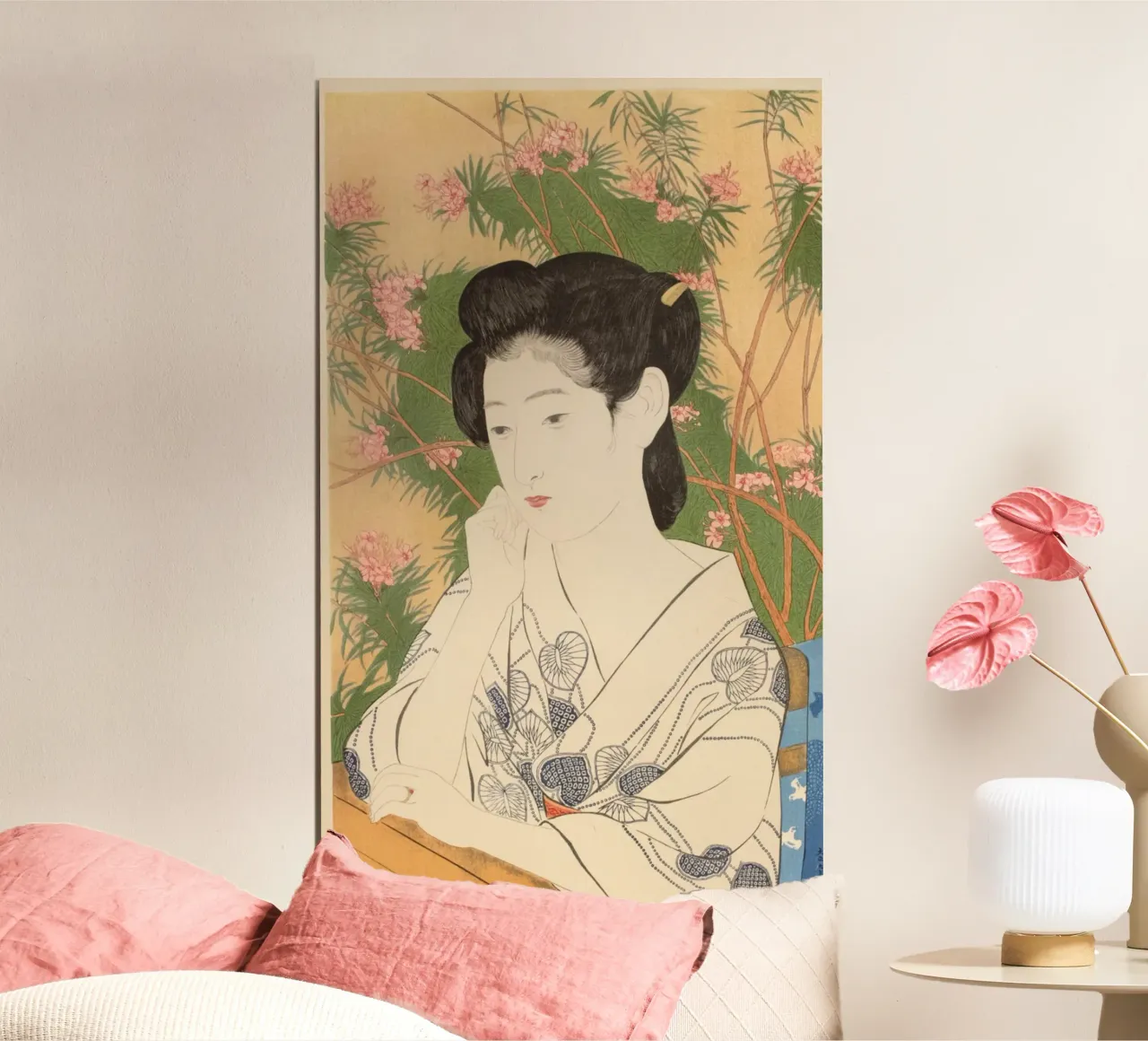 Ukiyo-e: Pittura giapponese, Donna in una locanda di acqua calda, Goyo poster con telaio in legno da Aesthetic Muse