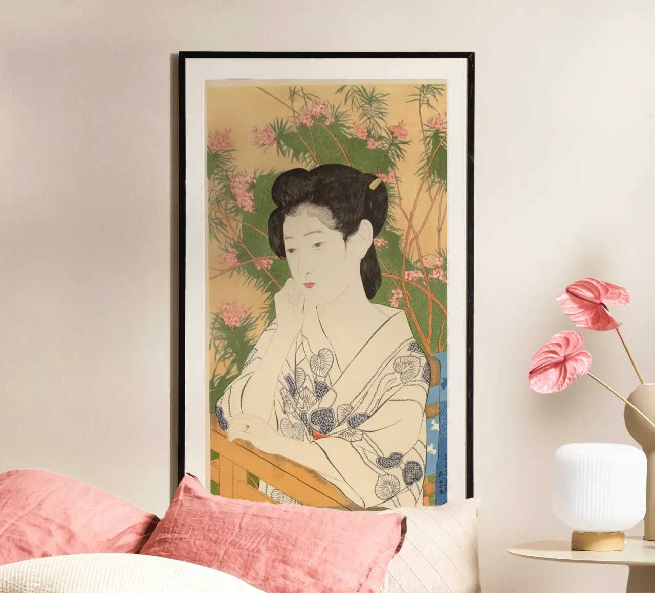 Ukiyo-e: Pittura giapponese, Donna in una locanda di acqua calda, Goyo poster con telaio in legno da Aesthetic Muse