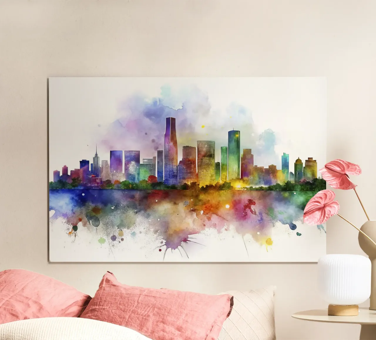 Lo skyline di Miami in acquerello poster con telaio in alluminio da 🎁 ARTVI-SHOP