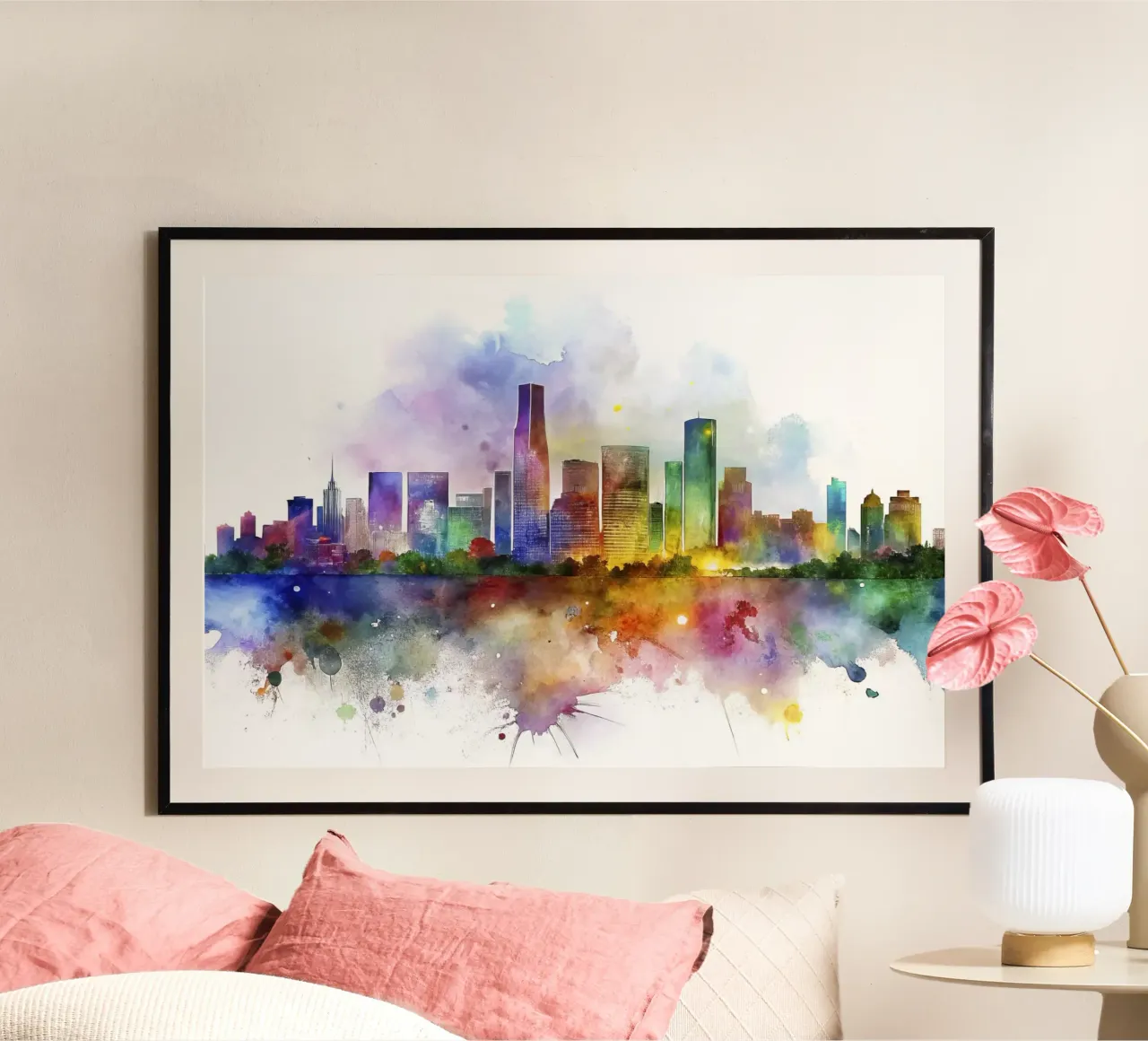 Lo skyline di Miami in acquerello poster con telaio in alluminio da 🎁 ARTVI-SHOP