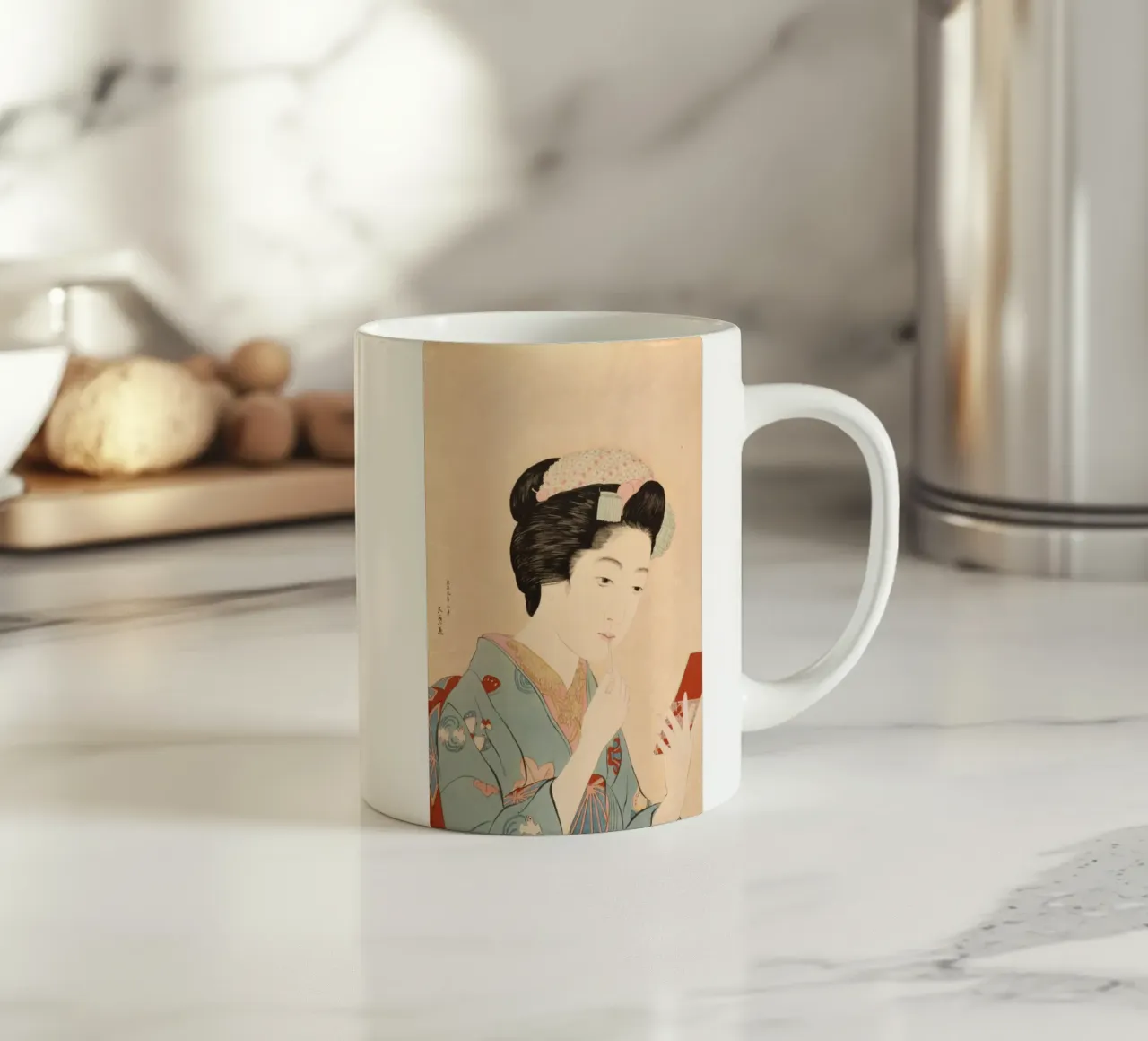 Ukiyo-e: pittura giapponese, Ragazza che applica il rossetto, Goyo tazza in ceramica da Aesthetic Muse