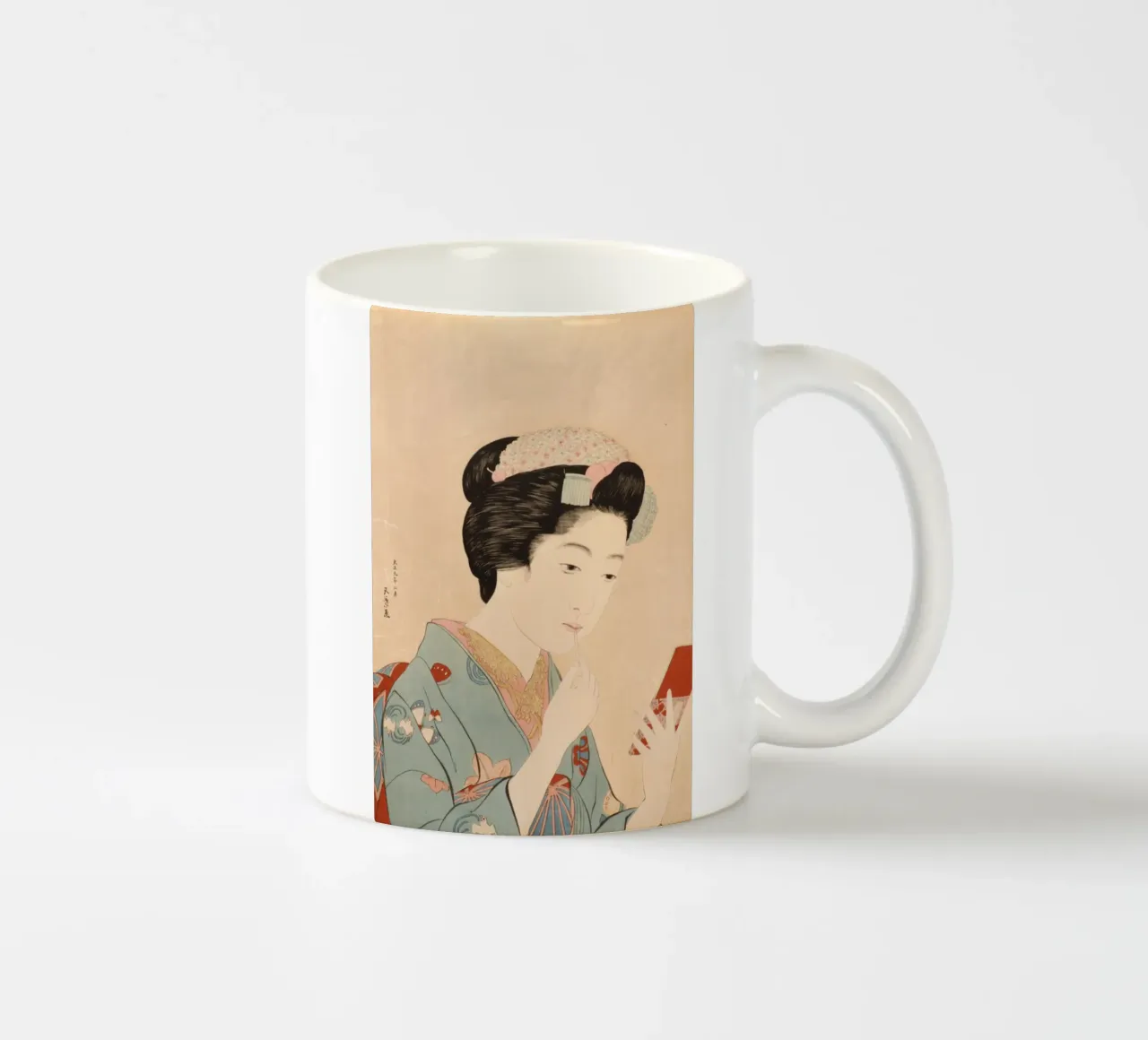 Ukiyo-e: pittura giapponese, Ragazza che applica il rossetto, Goyo tazza in ceramica da Aesthetic Muse
