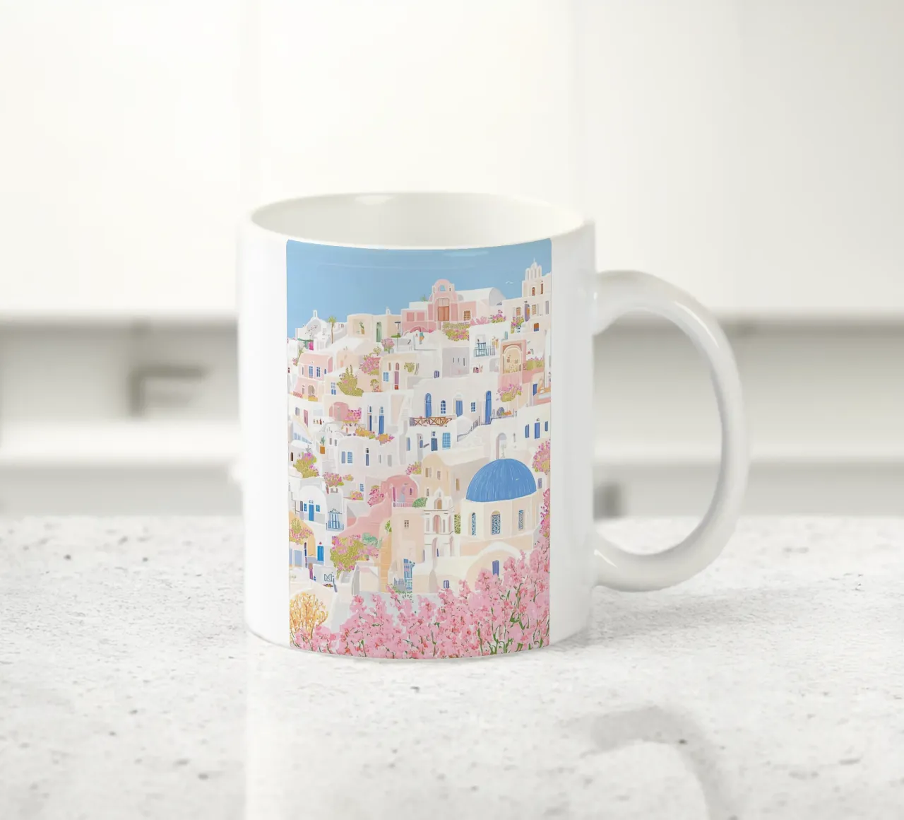 Santorini Griekenland Pastel Print, Muurkunst Reizen keramische mok van Gaia