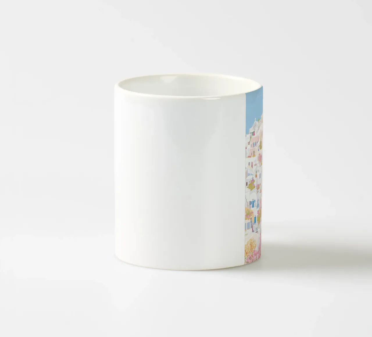 Santorini Griekenland Pastel Print, Muurkunst Reizen keramische mok van Gaia