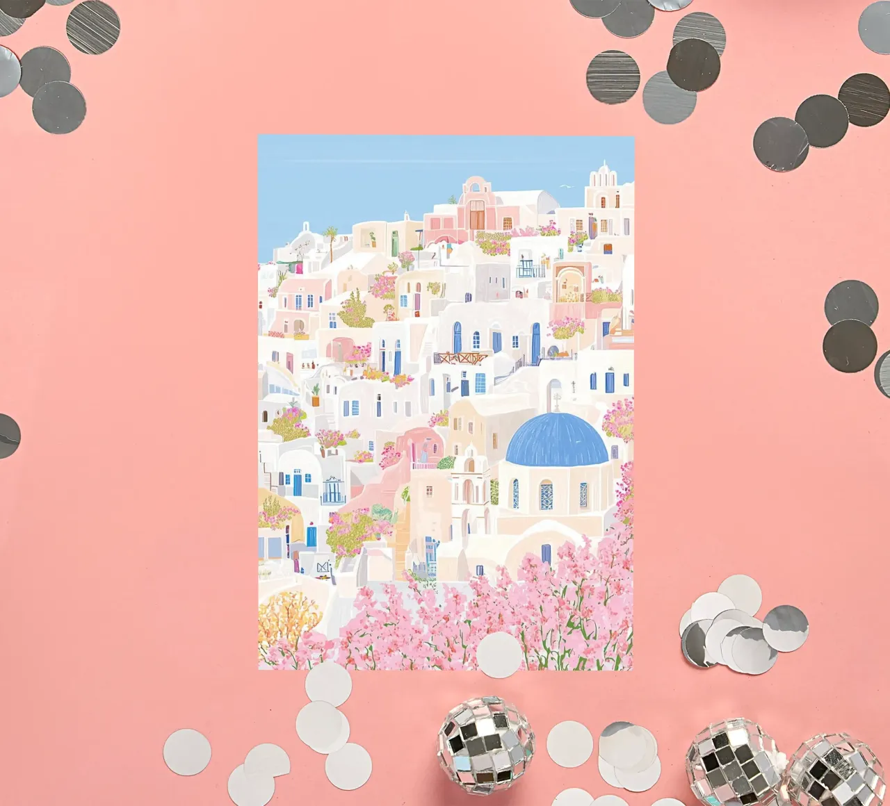 Santorini Greece Pastel Print, Travel Wall Art sticker by Gaia