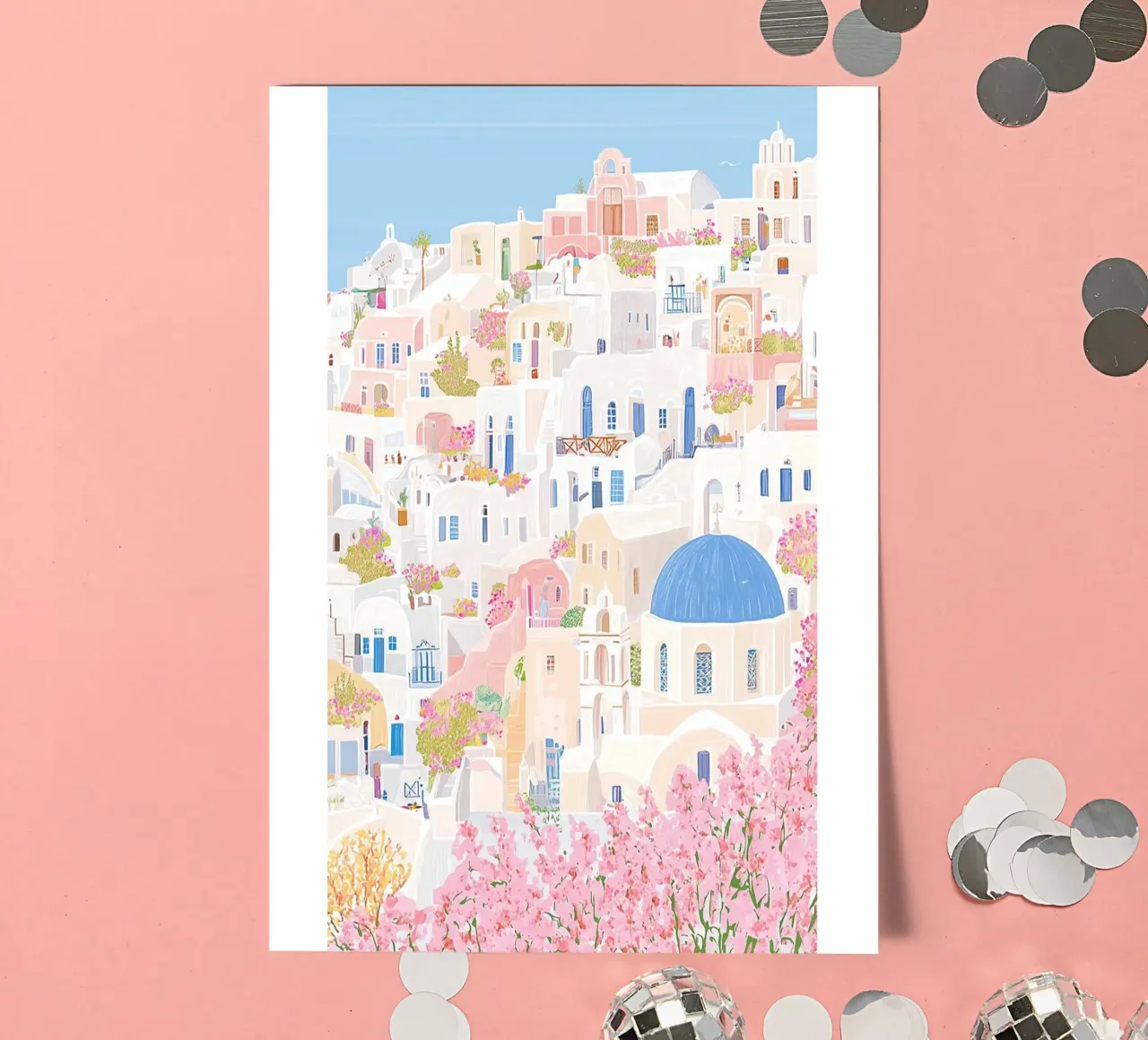Santorini Greece Pastel Print, Travel Wall Art sticker sheet by Gaia