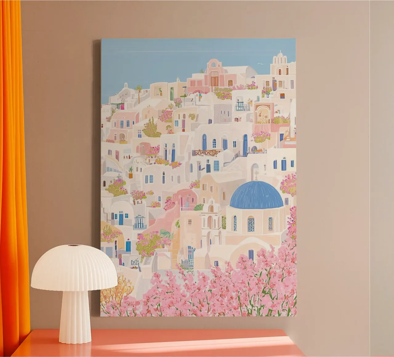 Santorini Griekenland Pastel Print, Muurkunst Reizen canvas met Baklijst van Gaia