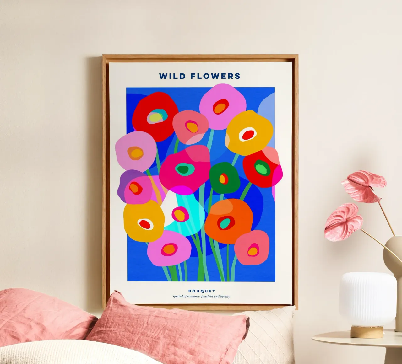 KÜHN & WILD MOHNBLUMEN STRAUSS POSTER - COLBOLT BLAU Leinwand mit Schattenfugenrahmen von Dominique Vari