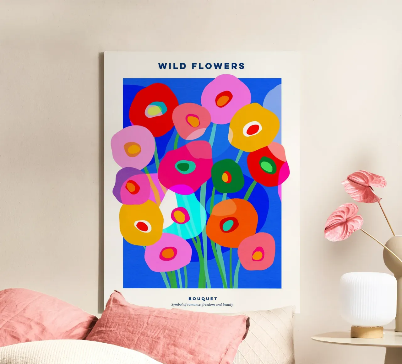 KÜHN & WILD MOHNBLUMEN STRAUSS POSTER - COLBOLT BLAU Leinwand mit Schattenfugenrahmen von Dominique Vari