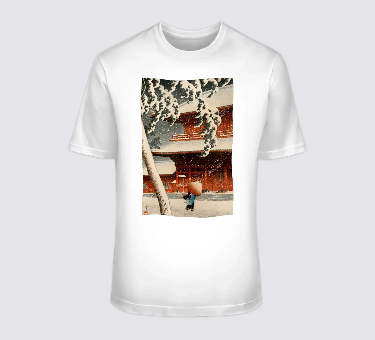 Ukiyo-e: Paesaggio giapponese, Tempio Zojo nella neve Shiba Hasui t-shirt da Aesthetic Muse