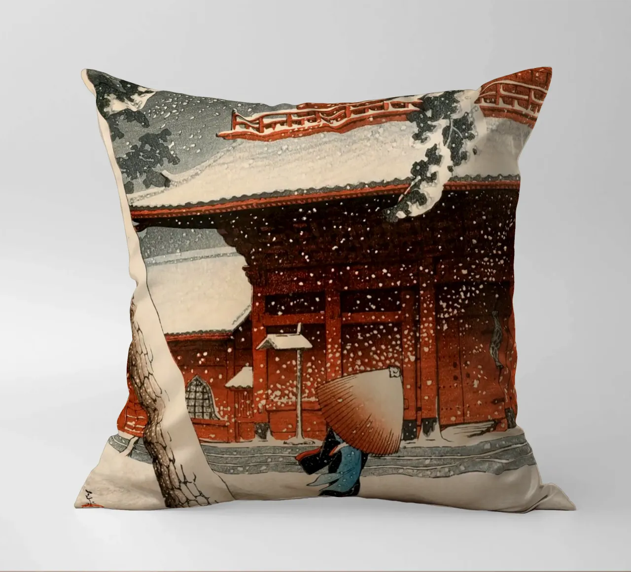 Ukiyo-e: Paesaggio giapponese, Tempio Zojo nella neve Shiba Hasui cuscino da Aesthetic Muse