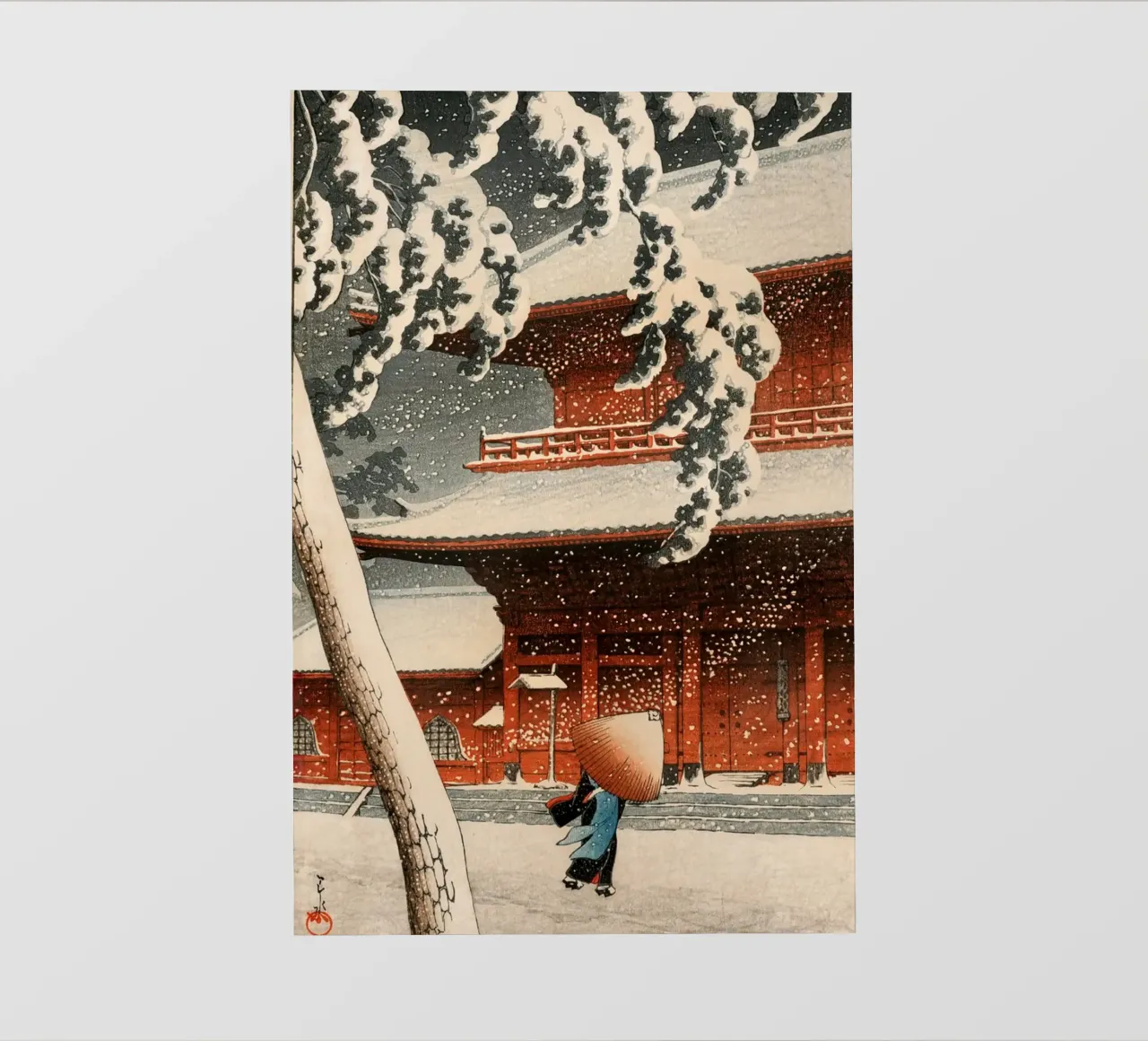 Ukiyo-e: Paesaggio giapponese, Tempio Zojo nella neve Shiba Hasui pellicola backlit da Aesthetic Muse