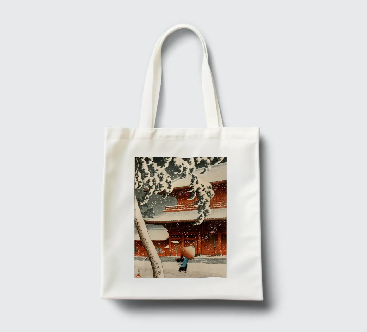 Ukiyo-e: Paesaggio giapponese, Tempio Zojo nella neve Shiba Hasui borsa in juta da Aesthetic Muse