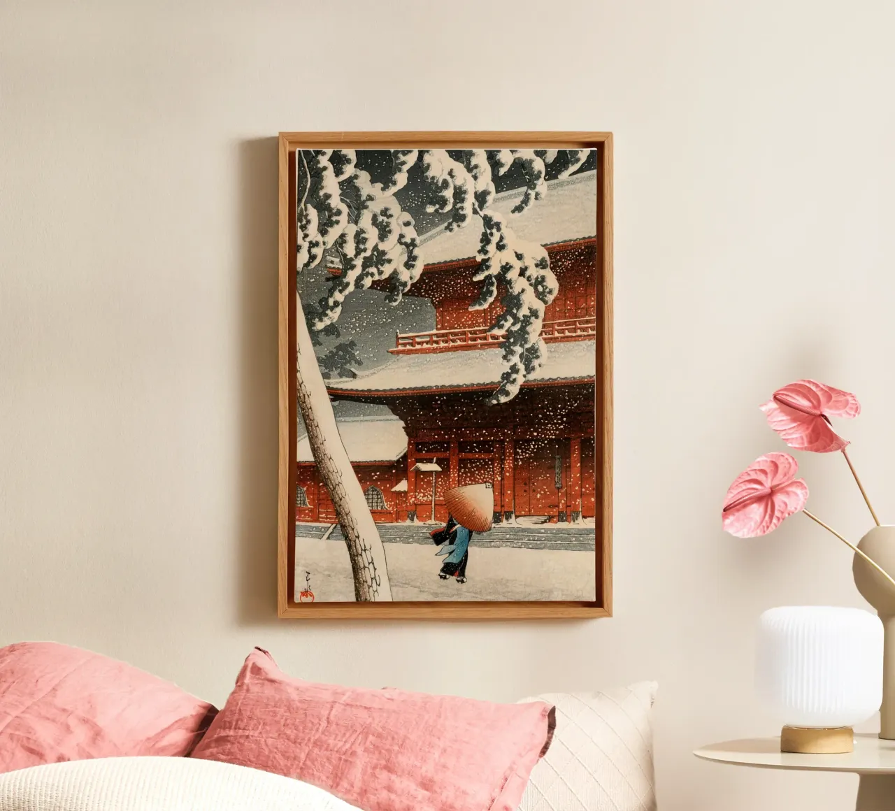 Ukiyo-e: Paesaggio giapponese, Tempio Zojo nella neve Shiba Hasui tela con Cornice a cassetta da Aesthetic Muse