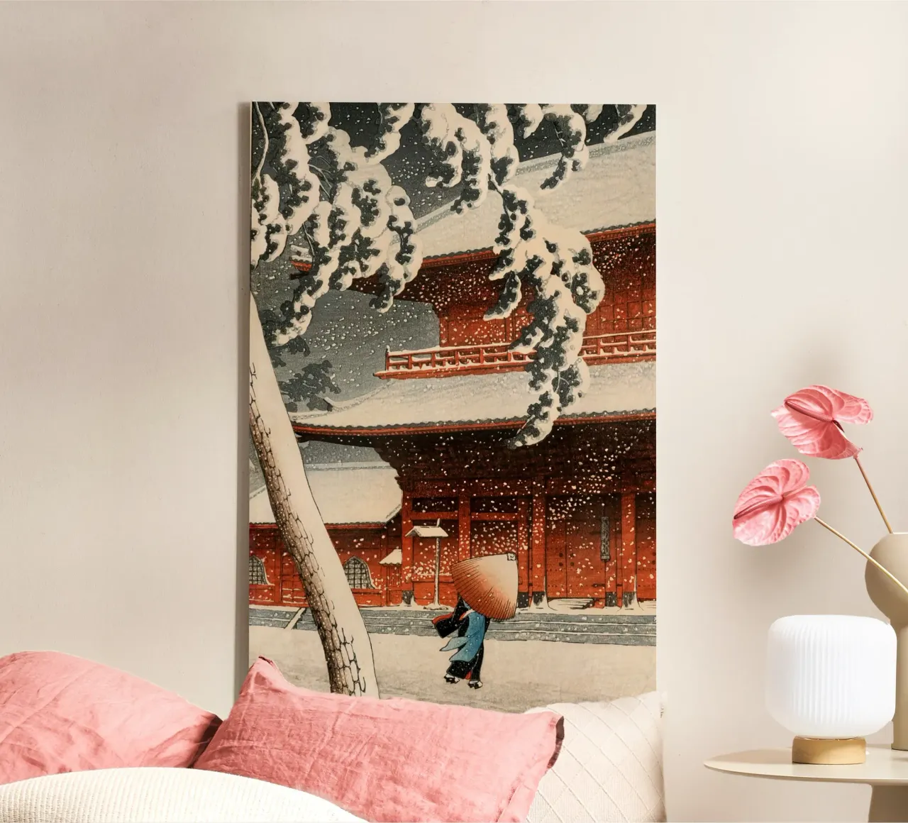 Ukiyo-e: Paesaggio giapponese, Tempio Zojo nella neve Shiba Hasui tela con Cornice a cassetta da Aesthetic Muse