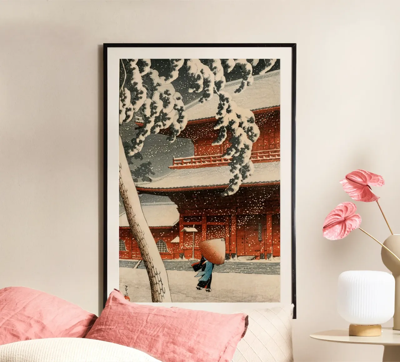 Ukiyo-e: Paesaggio giapponese, Tempio Zojo nella neve Shiba Hasui poster con telaio in alluminio da Aesthetic Muse