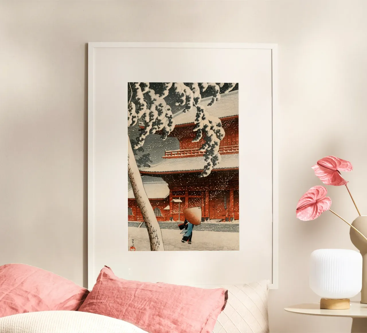 Ukiyo-e: Paesaggio giapponese, Tempio Zojo nella neve Shiba Hasui poster con telaio in alluminio da Aesthetic Muse