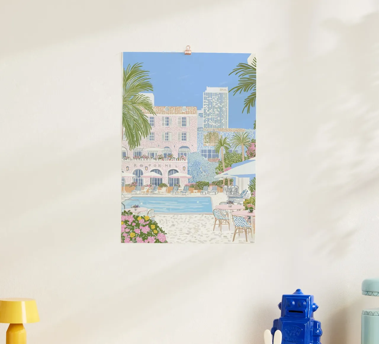 Póster de viajes, Impresión de viajes de lujo, Impresión de verano junto a la piscina poster con marco de aluminio de Gaia
