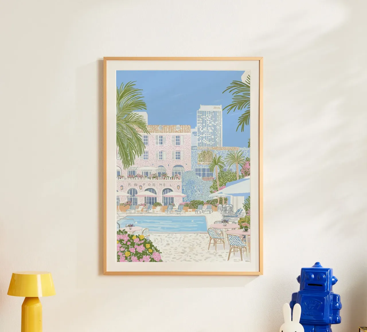 Póster de viajes, Impresión de viajes de lujo, Impresión de verano junto a la piscina poster con marco de aluminio de Gaia