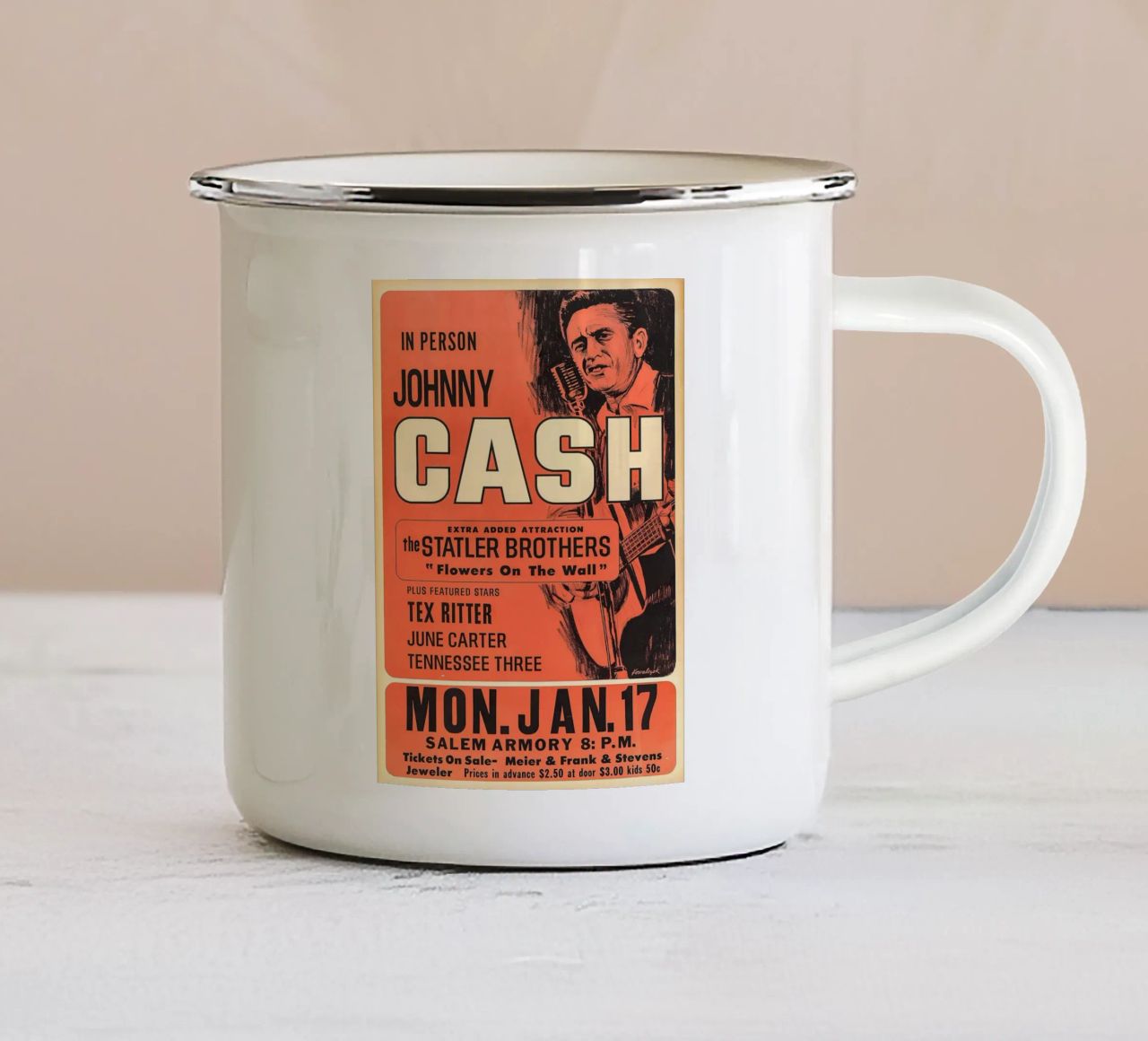 Vintage Johnny Cash And The Tennessee Three Concert mug en émail de SoundStudio
