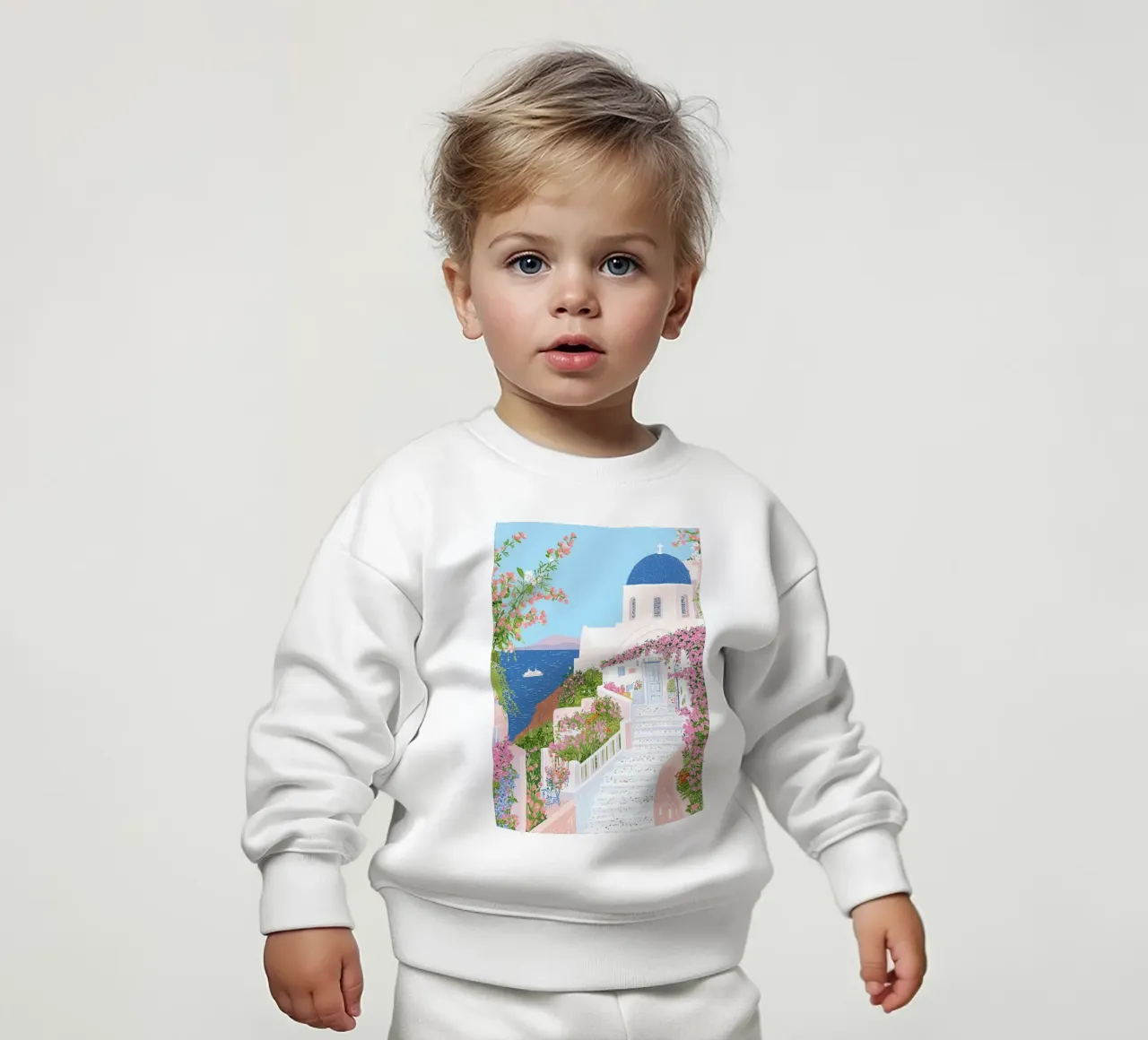 Santorini Print, Griekse Eilanden, Reisposter Oia Wanddecoratie baby sweatshirt van Gaia