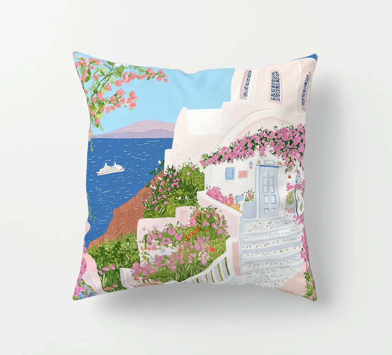 Santorini Print, Greek Islands, Travel Poster Oia Wall Decor decorative cushion by Gaia