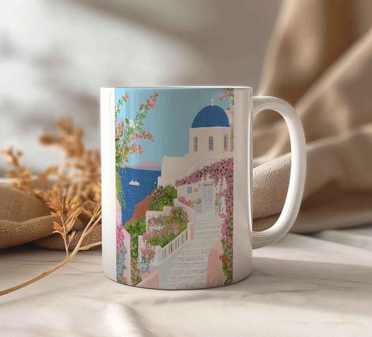 Santorini Print, Griekse Eilanden, Reisposter Oia Wanddecoratie keramische mok van Gaia