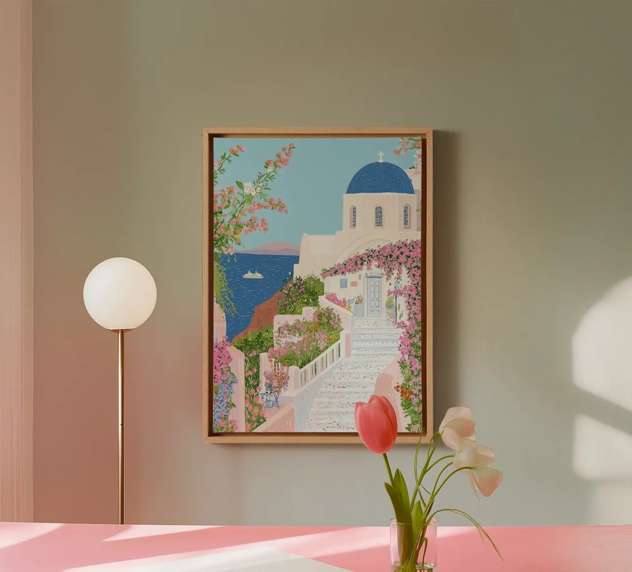 Santorini Print, Griekse Eilanden, Reisposter Oia Wanddecoratie canvas van Gaia