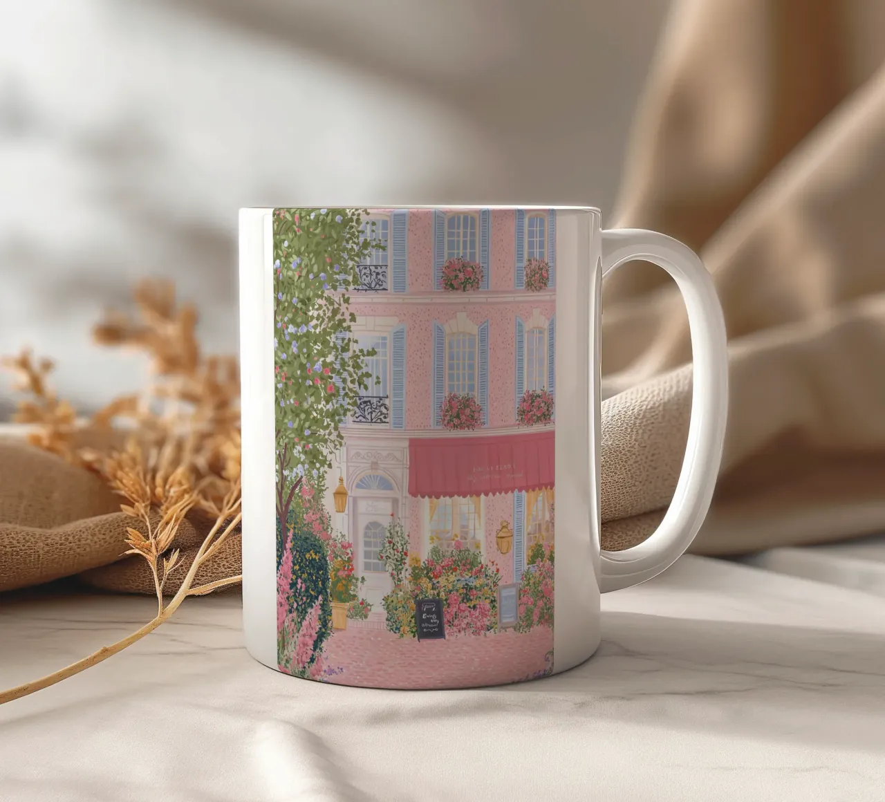 Paris Cafe, Pink Poster, Pastel Wall Art France Brunch Print ceramic mug by Gaia