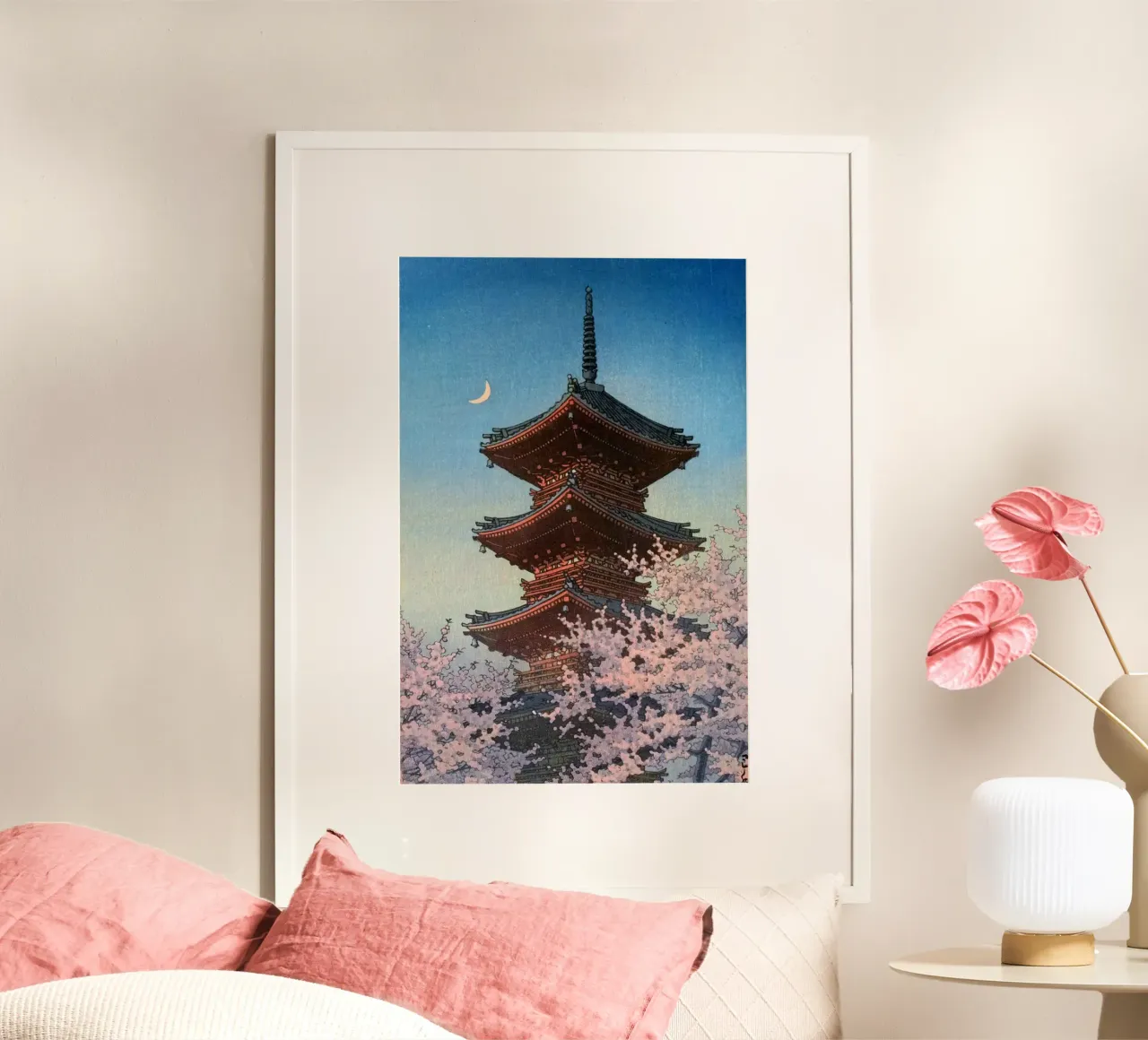 Ukiyo-e: Serata di primavera al Santuario Toshogu, Ueno di Hasui poster con telaio in legno da Aesthetic Muse