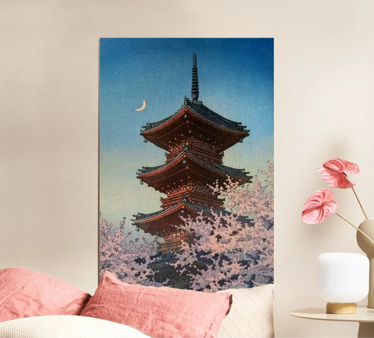 Ukiyo-e: Serata di primavera al Santuario Toshogu, Ueno di Hasui poster con telaio in legno da Aesthetic Muse