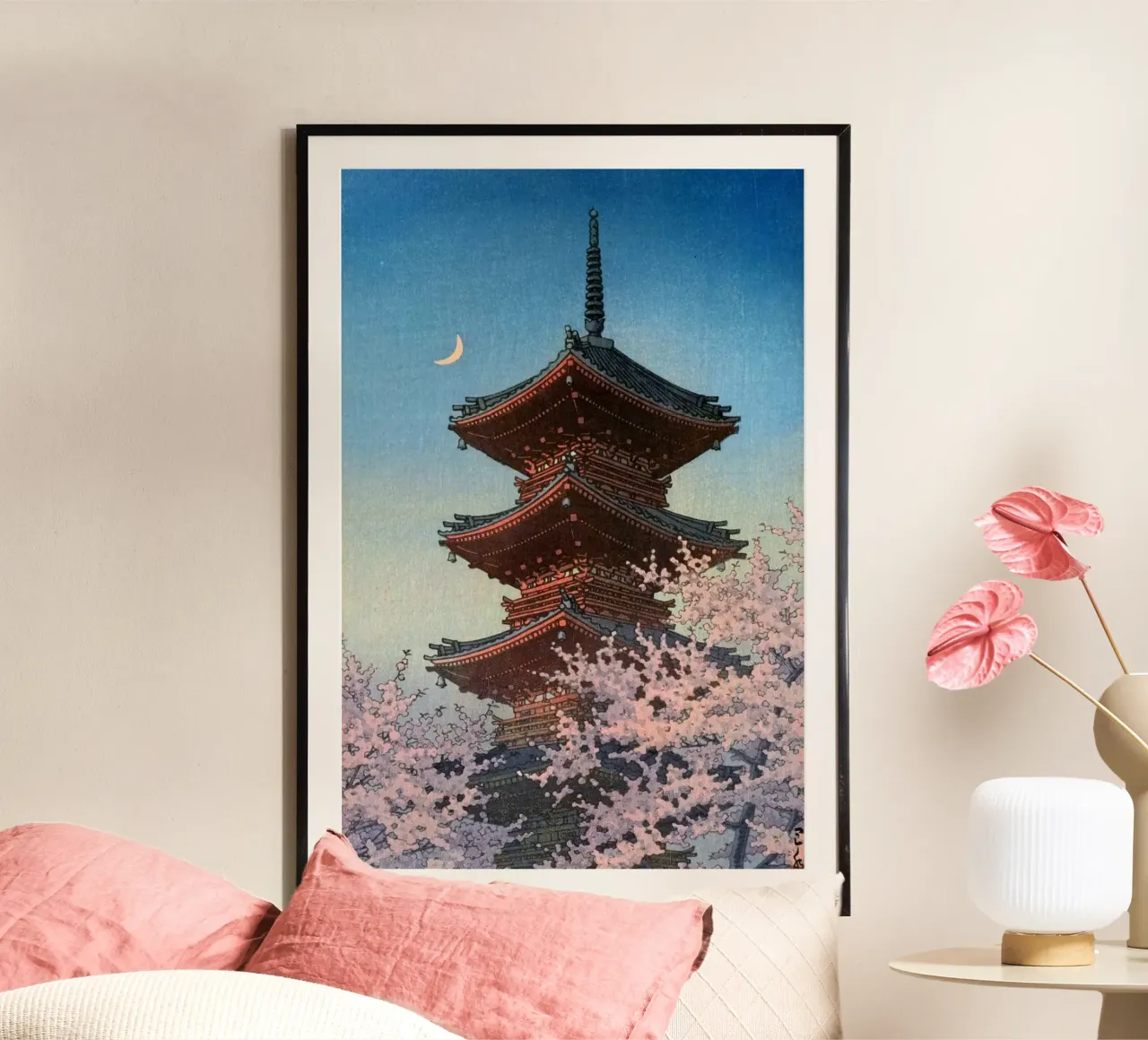 Ukiyo-e: Serata di primavera al Santuario Toshogu, Ueno di Hasui poster con telaio in legno da Aesthetic Muse