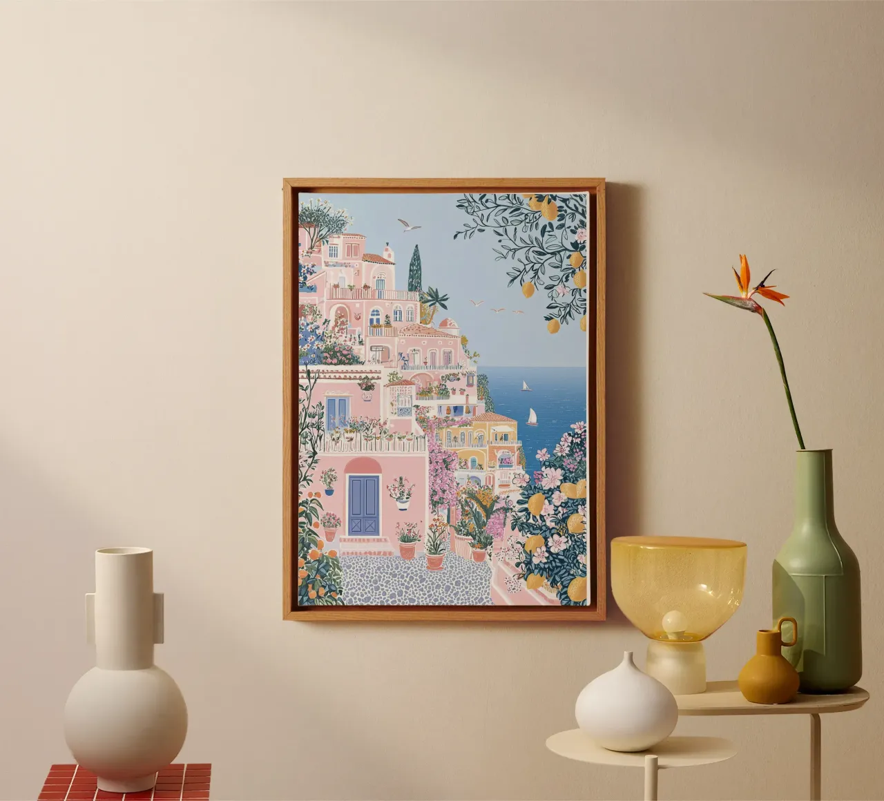 Positano Amalfi Coast, Italian art, La Dolce Vita tela con Cornice a cassetta da Gaia