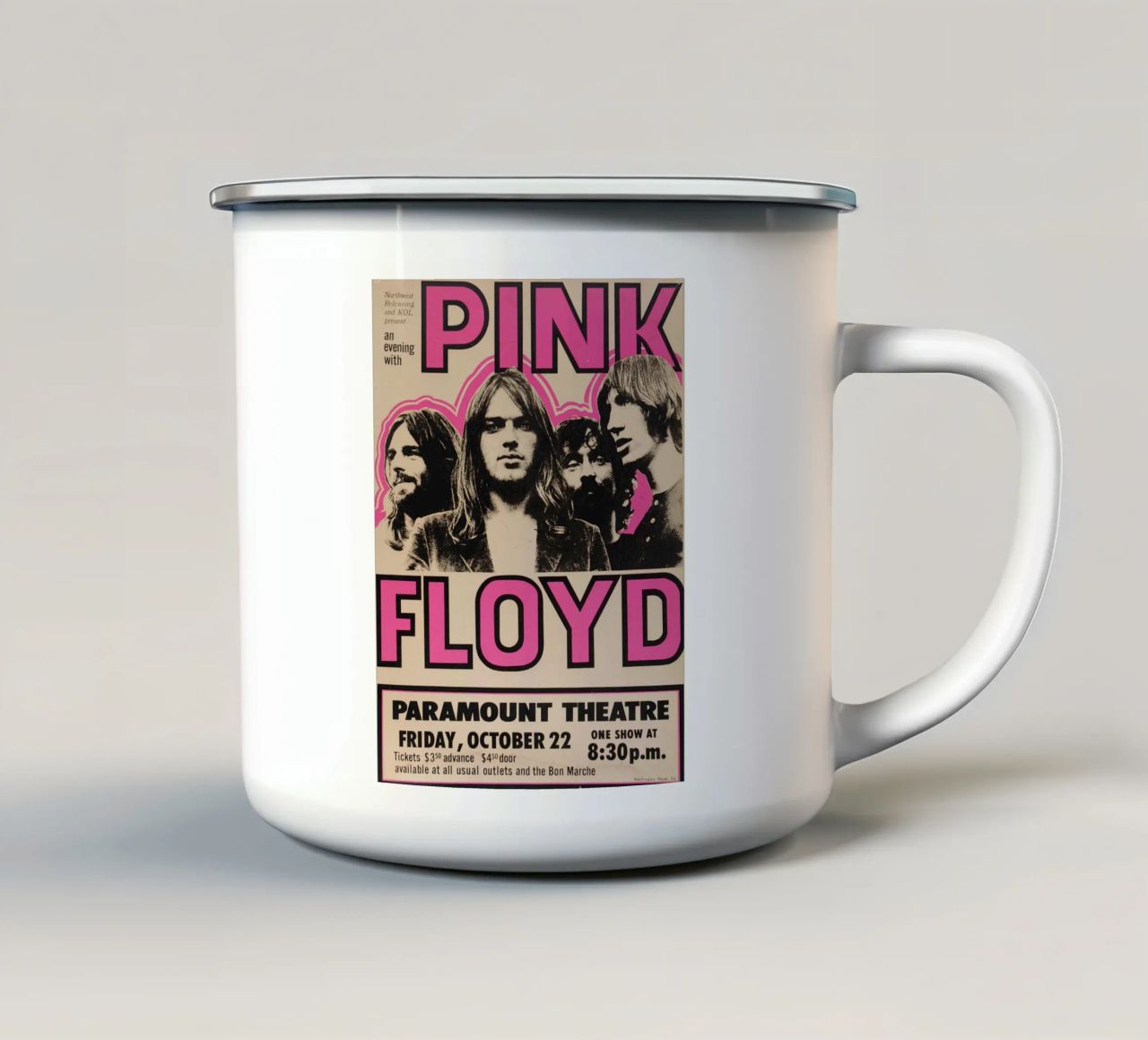 Vintage Pink Floyd Oct 22 Concert Rock Music Print mug en émail de SoundStudio