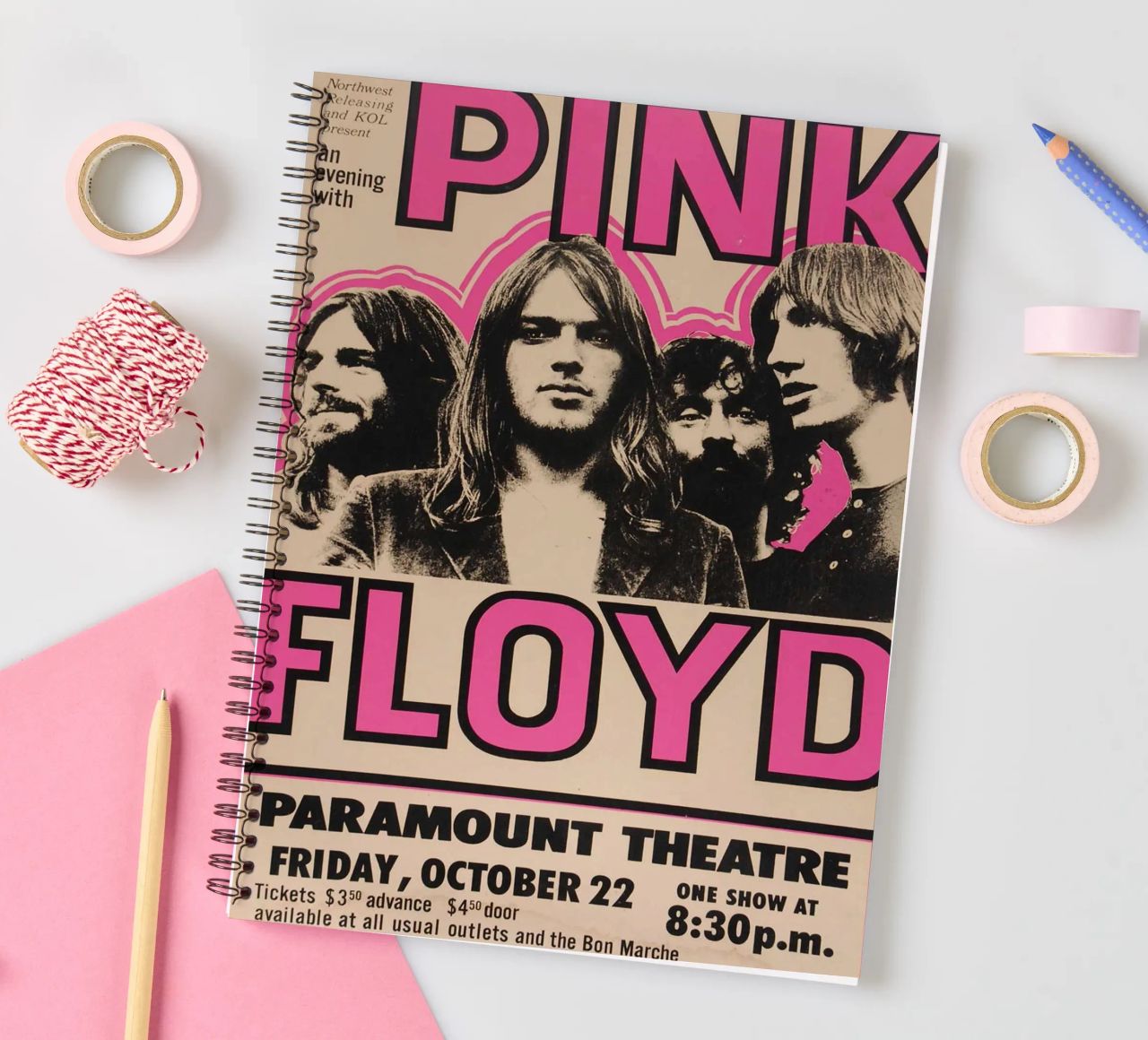 Vintage Pink Floyd Oct 22 Concert Rock Music Print carnet à spirale de SoundStudio