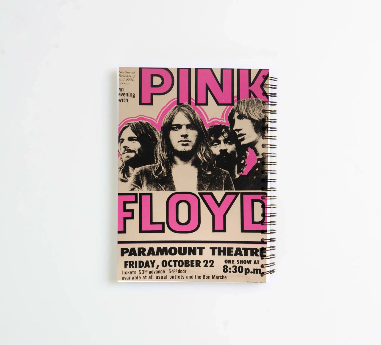 Vintage Pink Floyd Oct 22 Concert Rock Music Print carnet à spirale de SoundStudio